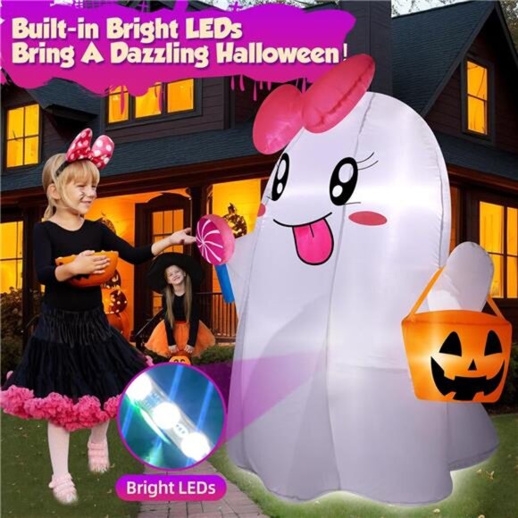 5FT Halloween Inflatables Ghost, Cute Halloween Decorations Outdoor Blow Up - Picture 3 of 7